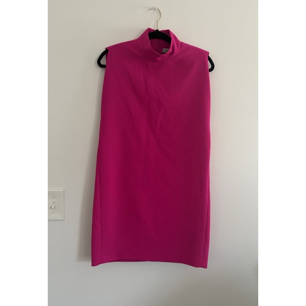 ZARA Shoulder Padded Cape Dress Neon Fuchsia Mock Neck Sleeveless Mini Women's S - Picture 2 of 10